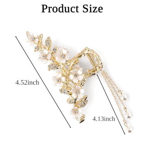 KICOSY 2 Pack Flower Claw Clips with Pearl Tassel - Gold Floral Hair Accessories for Women, White Variant