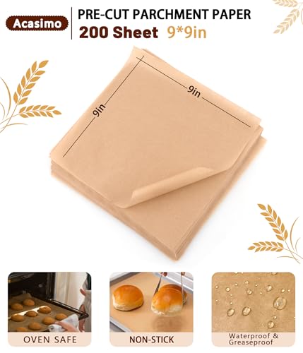 Acasimo Precut Parchment Paper Sheets 9x9in - 200PCS Non-Stick