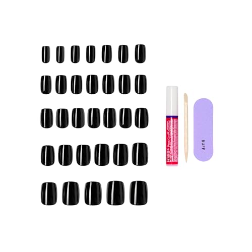 KISS Core Press On Nails - Black Squoval Short - 32 Nails & Glue