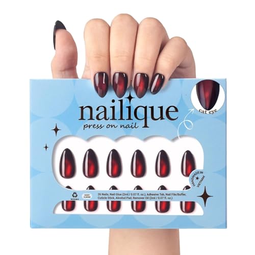 Nailique Short Almond Press On Nails - Handmade Black Red Cat Eye Soft Gel