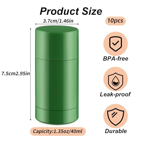 10 Pcs Empty Deodorant Containers, 1.4 oz Refillable Twist-Up Tubes - Green