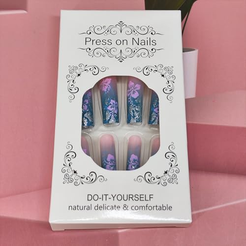 Long Square Press on Nails - Blue Gradient with Pink Floral Glitter