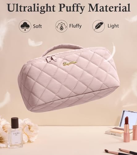 Pink Rose Medium Travel Makeup Bag - Large Capacity Puffy Cosmetic Organizer for Women