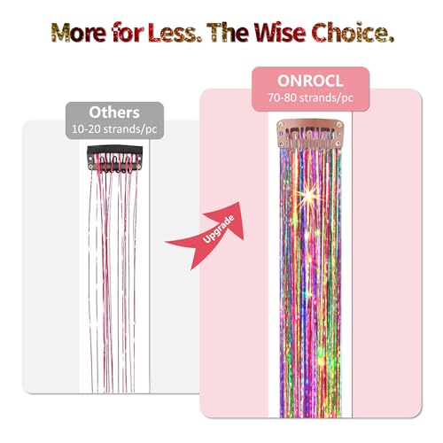 ONROCL 12Pcs 24 Inch Hair Tinsel Clip-in Extensions - Colorful Glitter for Festivals