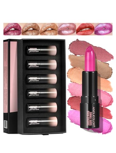 Anglicolor 6-Piece Metallic Glitter Lipstick Set - Nourishing, High Pigment Lip Colors