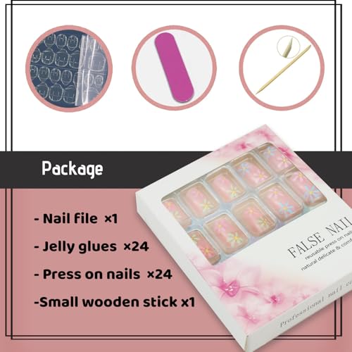 Pink Flower Press-On Nails | Short Square Acrylic Fake Nails - 24 Pcs