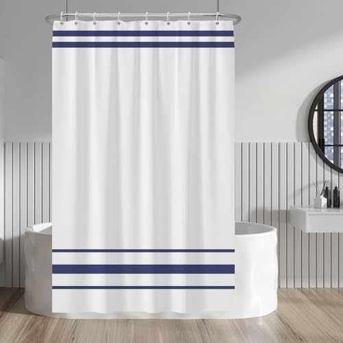 Navy Blue Striped Shower Curtain Set with Hooks - 48x72 in