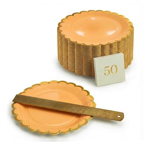 7" Peach Paper Plates with Gold Scalloped Rim - 50 Pack