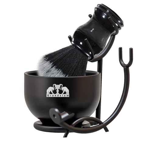 Grandslam 3-in-1 Shaving Kit for Men - Synthetic Brush, Stand, and Bowl - Black