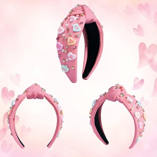 Pink & Rose Red Valentine's Day Headbands for Women Girls Knot Rhinestone Heart Accessories, 2 Pack