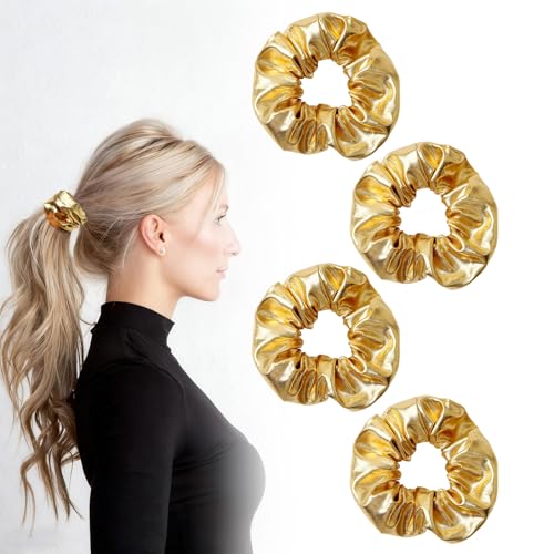 Gold PU Leather Hair Scrunchies - 4 Pack for Women & Girls