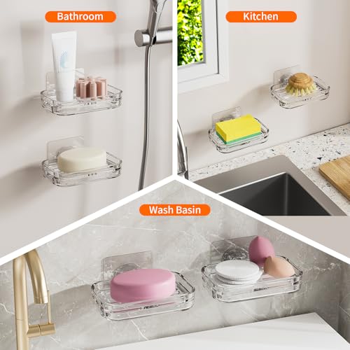 Self-Draining Soap Dish Holder 2 Pack - Wall Mounted, Clear Plastic