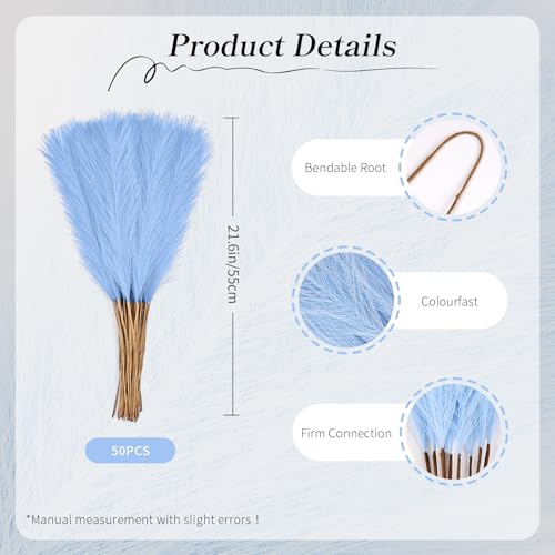 50pcs Sky Blue Faux Pampas Grass - 21.6 Inch Fluffy Decor