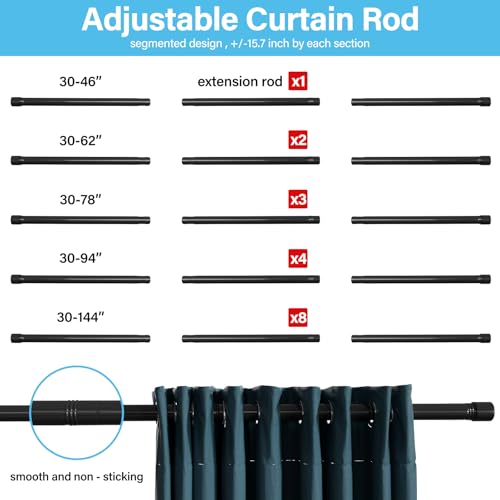 Adjustable Black Curtain Rod 30-46 Inch - Heavy Duty with Brackets