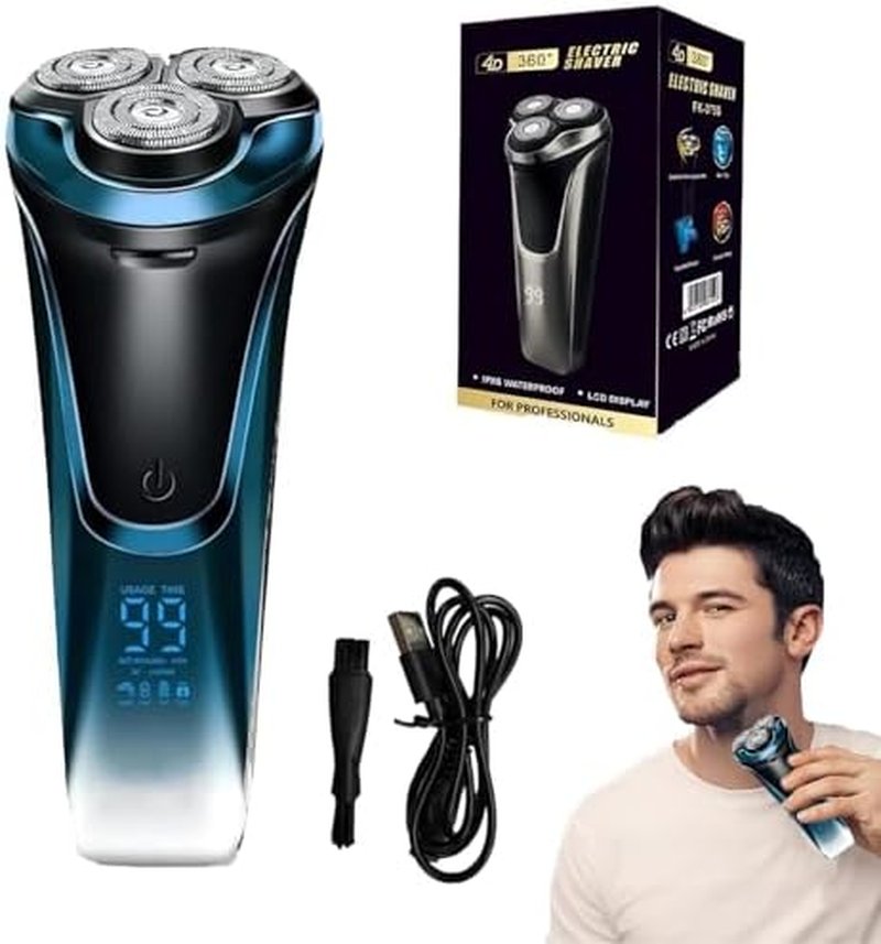 Electric Razor for Men - 4D Floating Head Rotary Shaver with LCD Display | Waterproof & Quiet Motor (Blue)