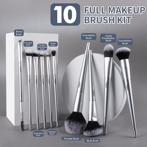 Silver Makeup Brush Set - 10Pcs Professional Synthetic Brushes