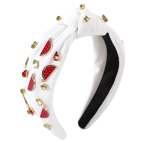 Watermelon White Headband for Women - Rhinestone Fruit Knot Hairband