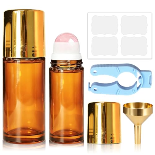 2 Pack Rose Quartz Amber Glass Roller Bottles 50ml + 30ml, Empty Leakproof