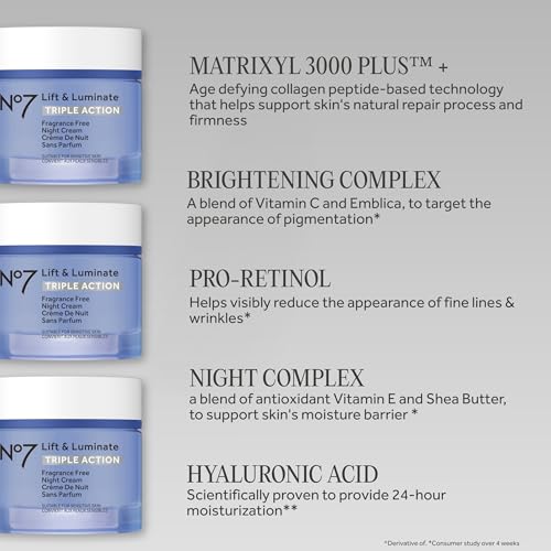 No7 Lift and Luminate Fragrance-Free Night Cream 50ml - Anti-Aging Moisturizer with Hyaluronic Acid & Vitamin C