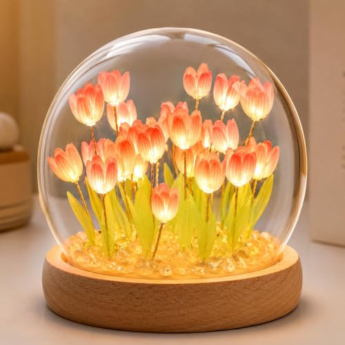 USB Powered LED Tulip Night Light with Glass Dome & Wooden Base