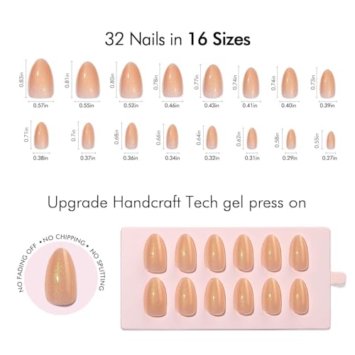 VSALON B4- Glow Almond Press On Nails - Apricot Gold Glitter