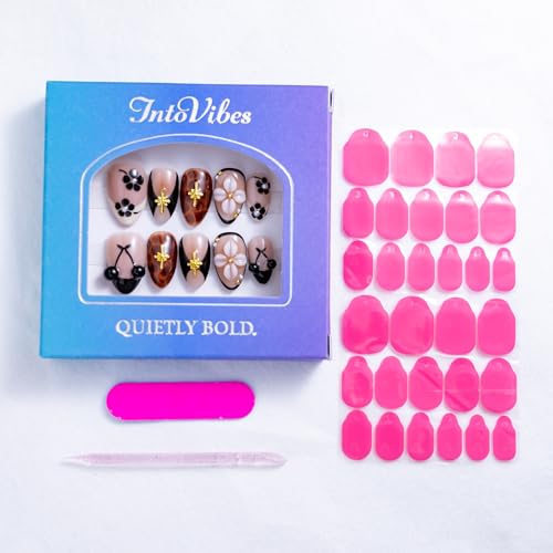 Short Almond Press On Nails with 3D Cherries & Flowers - 10 Pieces