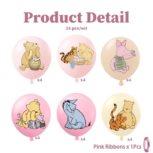 Winnie the Pooh Pink Balloons - 24pcs Baby Shower & Birthday Party Decorations
