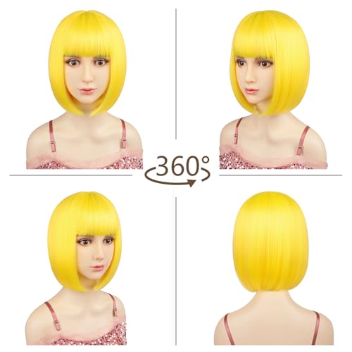 Yellow 12-Inch Synthetic Bob Wig with Flat Bangs for Costume & Parties
