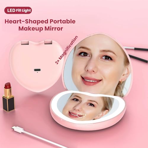 Pink LED Travel Makeup Mirror - 1X/2X Magnifying, Dimmable & USB Rechargeable