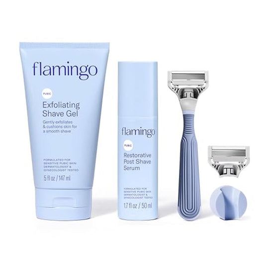 Flamingo Pubic Hair Razor for Women, Shaving Kit, 1 Razor, Exfoliating Shaving Gel 5 fl oz - Restorative Post Shave Serum 1.7 fl oz, Starter Set, Full Kit