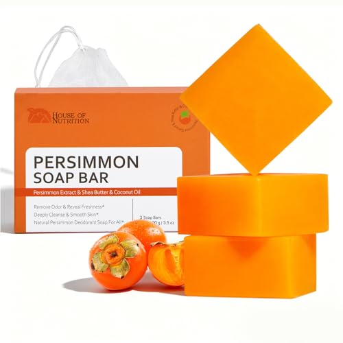 Persimmon Soap Bar for Body Odor Control - Gentle Deodorizing Soap with Tea Tree Extract, Pack of 3