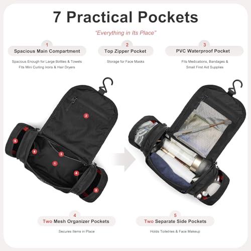 Water-Resistant Hanging Toiletry Bag with Multiple Compartments - Black