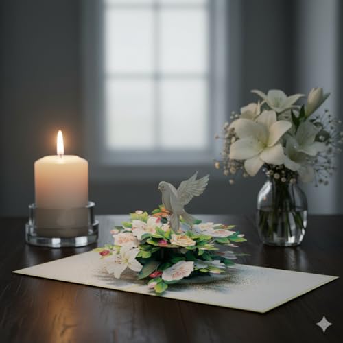 3D Sympathy Pop Up Card with Dove & White Lily - 6x8 Inch