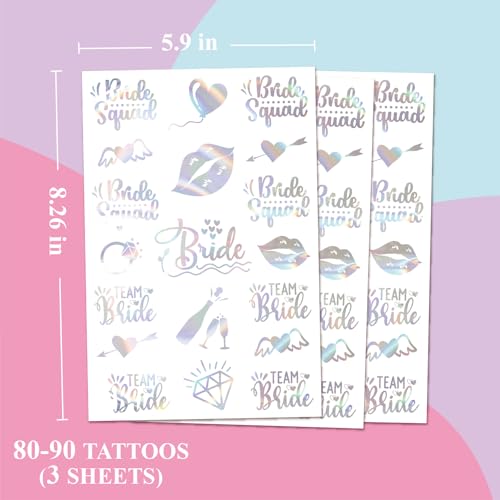 Bride Squad Iridescent Bachelorette Party Tattoos - 80+ Metallic Temporary Tattoos for Bride & Bridesmaids