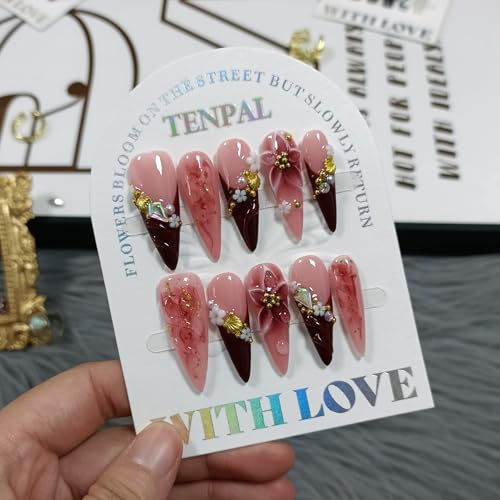 TENPAL Burgundy French Tips Long Stiletto Press-On Nails 3D Floral L