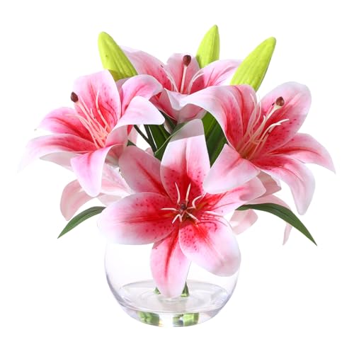 Artificial Tiger Lily Arrangement in Glass Vase - Realistic Silk Flowers with Faux Water