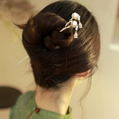 Lawie 10 Pack Retro Gold Metal Hair Sticks with Pearl Dangles