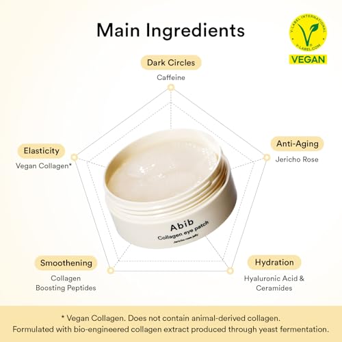 Abib Vegan Collagen Eye Patches for Wrinkles & Fine Line with Jericho Rose Jelly & Peptides, 60 Count, Korean Skin Care