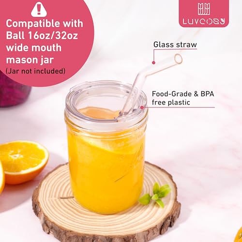 LUVCOSY Reusable Mason Jar Lids with Glass Straw Hole - 2-Pack