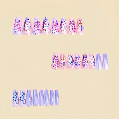 Coffin Press On Nails Medium with Flower Lines – YOJIATOP Floral Pink 24Pcs (Variation: Flower Lines Floral)