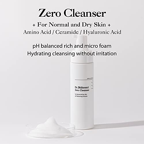 Dr.Different Zero Cleanser for Normal & Dry Skin - pH 5.5 Foaming Cleanser with Hyaluronic Acid, 6.76 fl. oz.