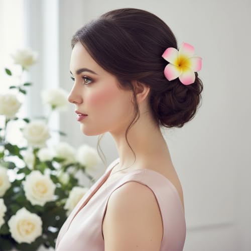 4 Pcs Hawaiian Plumeria Foam Hair Clips - White & Pink Flowers