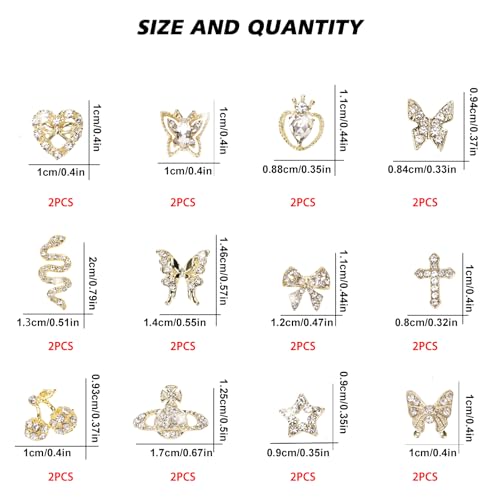 Cublive 24PCS Y2K Nail Charms with Rhinestones - Heart, Butterfly & Cherry