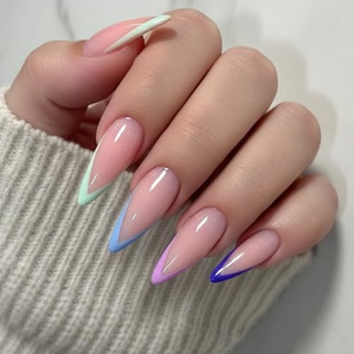 Almond Press-On Nails Medium Length Nude Pink with Colorful French Tips 24 Pcs