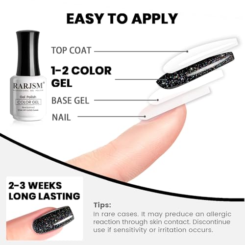 RARJSM Black Glitter Gel Nail Polish - Iridescent Rainbow Sparkle 15ML