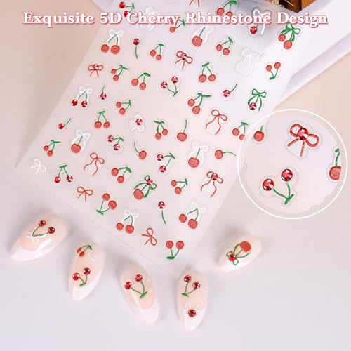 Cherry Nail Stickers - 5D Embossed Rhinestone Bow Nail Art Set