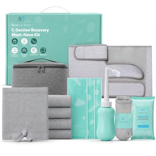 Mama & Wish¢ç C-Section Recovery Kit ? Postpartum Essentials C Section 12-Pc: Belly Binder, Silicone Scar Patches, Peri Bottle, Disposable Underwear, Wipes, Grip Socks & Toiletry Bag