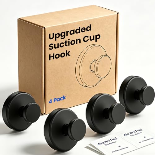 Suction Cup Hooks for Shower - Black Adhesive Towel Hooks, 4 Pack