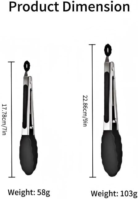 Stainless Steel Kitchen Tongs Set - Heat Resistant BBQ Tongs with Non-Scratch Silicone Tips | 7 & 9 Inch, Black