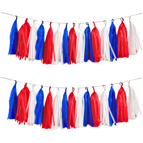 Red White and Blue Tassel Garland - 20 Tissue Tassels for Parties